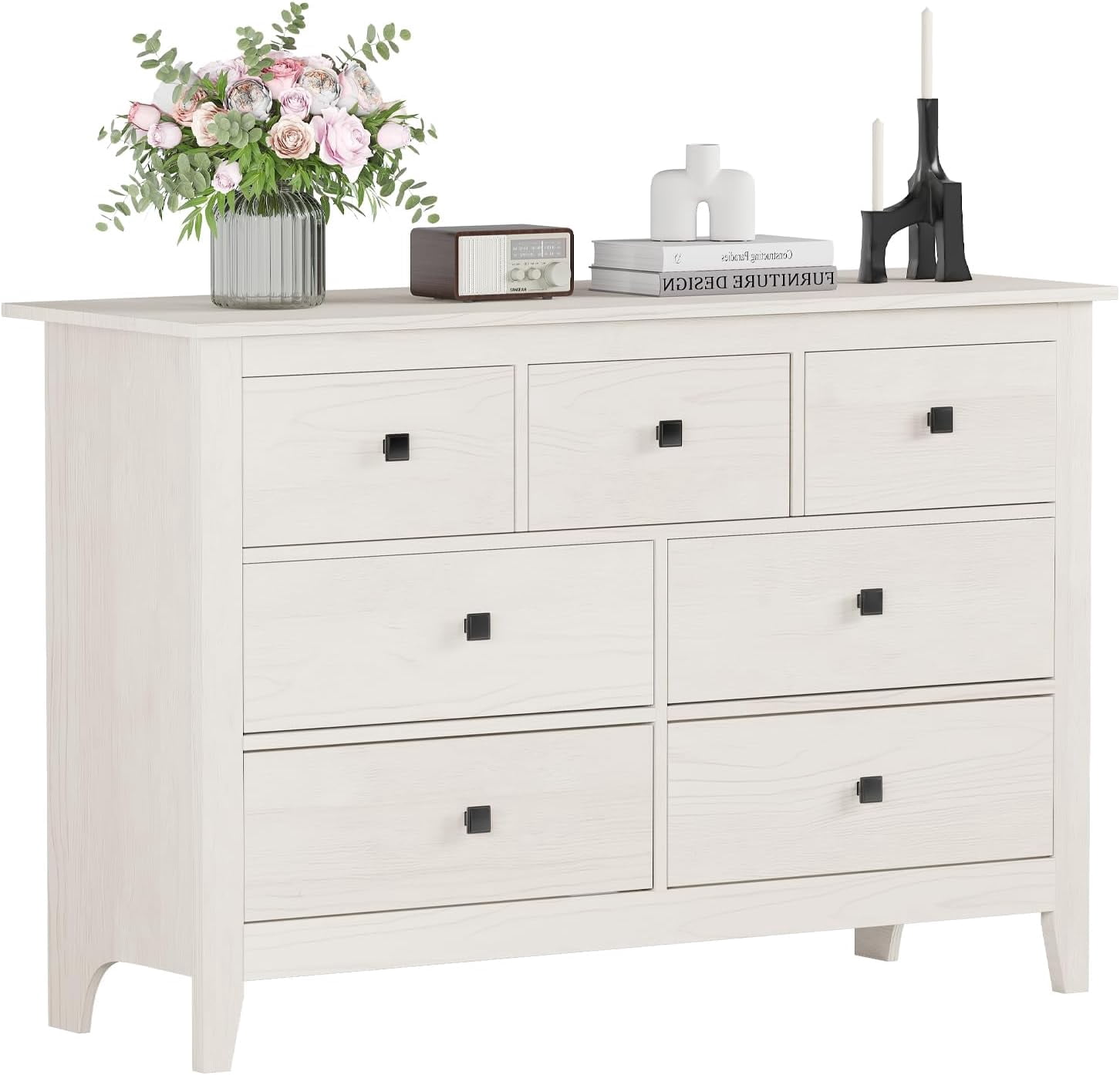 LAZZO 7-Drawer Dresser, Farmhouse Wooden Chest of Drawers for Bedroom Living Room and Hallway, White