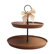 Angle View: 2 Tier Serving Tray Wood, Rustic Cupcake Stand Tower, with Metal Handle Farmhouse Style Kitchen Tiered Tray, Decor Trays with Handles for Party