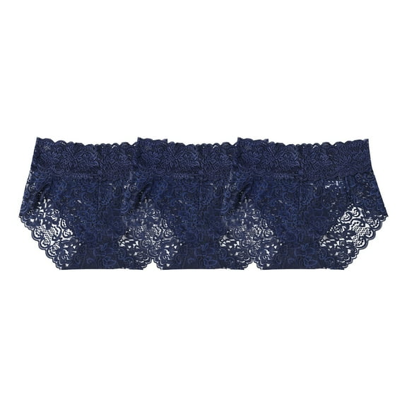 QYZEU Panties for Women Sexy 3 PCS Transparent Mid Waist Full Lace Cotton Bottom Traceless Large Comfy Soft Panties Breathable Lightweight Underwear Blue XL