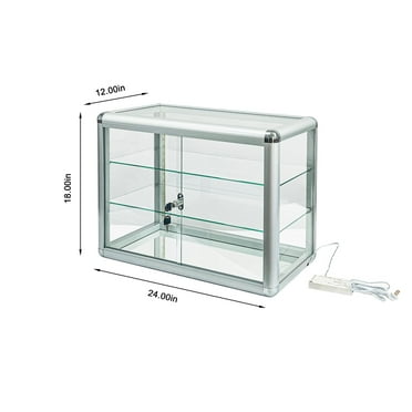Lisonu Lighted Display Case for Collectibles, 24-inch Countertop Glass Showcase with Lock, Silver Aluminum Cabinet with LED Lights & 2 Shelves for Figures, Models & Dolls