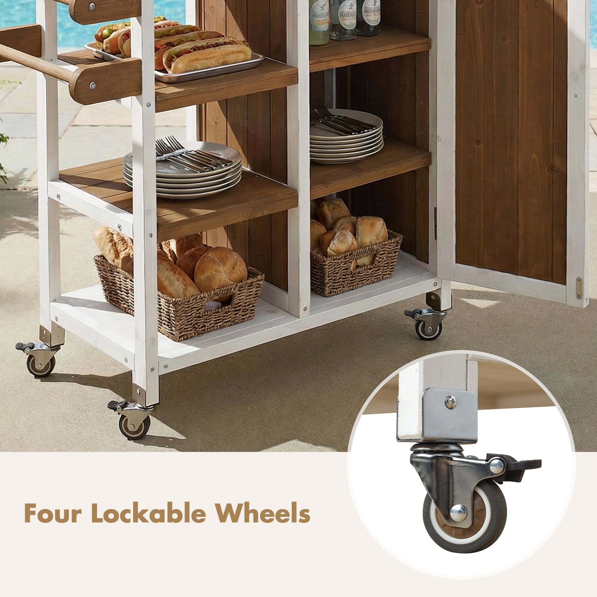 Portable Outdoor Kitchen Island, Foldable Patio Prep Station for Outdoor Use, White and Brown