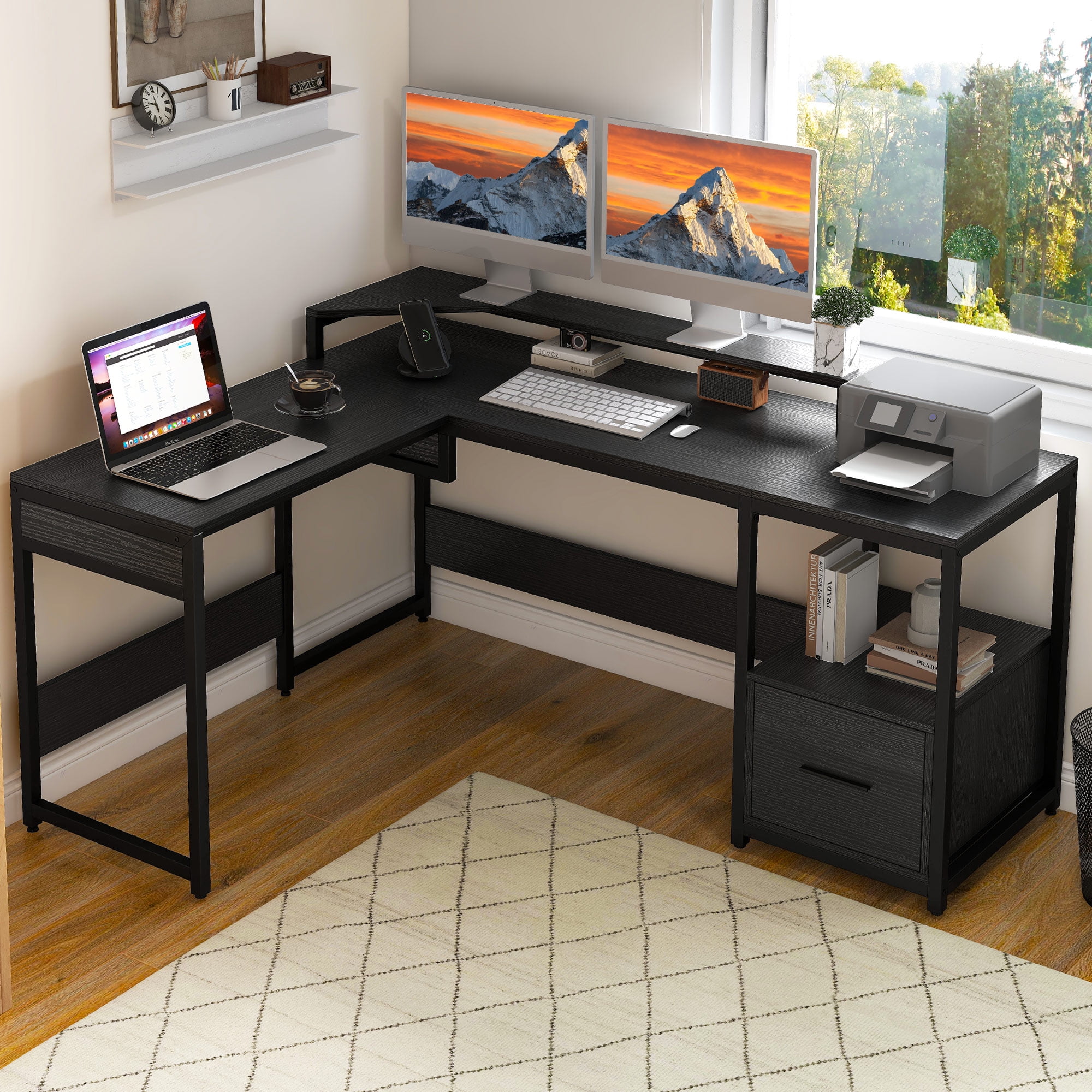 Uforic 65" L Shaped Desk with Lift Top & Monitor Stand, Computer Desk with File Drawer, Corner Desk Office Desk Executive Desk with Storage Shelves for Home Office, Black
