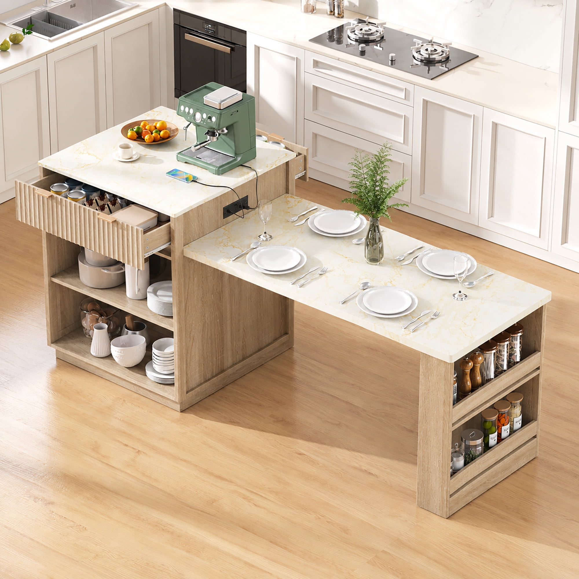 Wohh 82.6 Fluted Kitchen Island with Extendable Dining Table for 4-6 Kitchen Cart with Power Outlet Double-Side Storage 2 Drawers 2 Shelves(Wood Color)