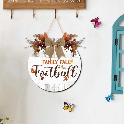 Lucidhisun Wooden Family Fall Football Welcome Sign for Front Door, Maple Leaf Round Wood Signs, Autumn Hanging for Football Season Farmhouse Porch Door Wall Window Decoration 12in