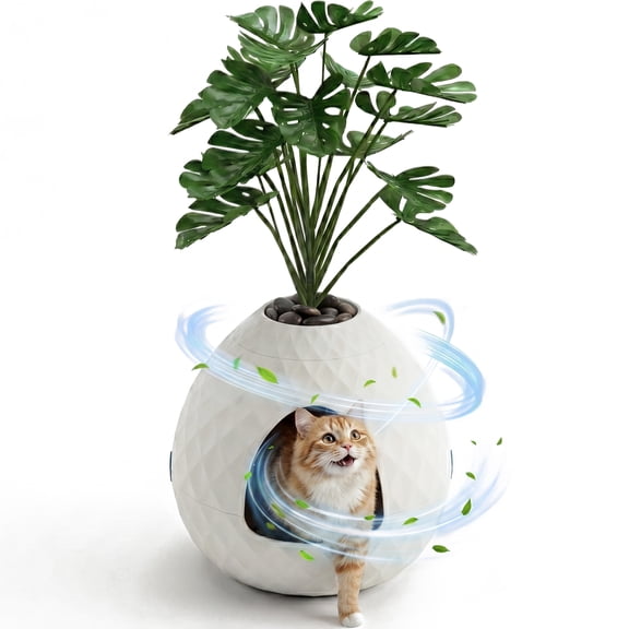 MINDYES Plant Hidden Cat Litter Box Enclosure with Pebbles and Artificial Greenery, Home Decor Cat Boxs for All Cats, White