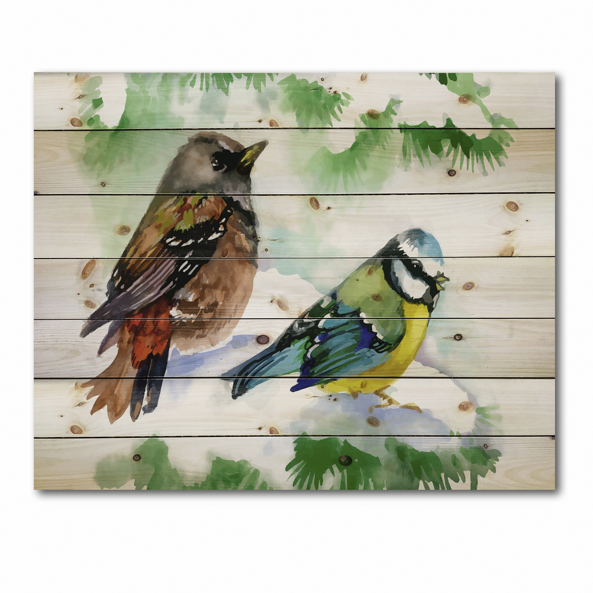 Designart 'Forest Birds Sitting On Snowy Fir Tree Branch' Traditional Print on Natural Pine Wood