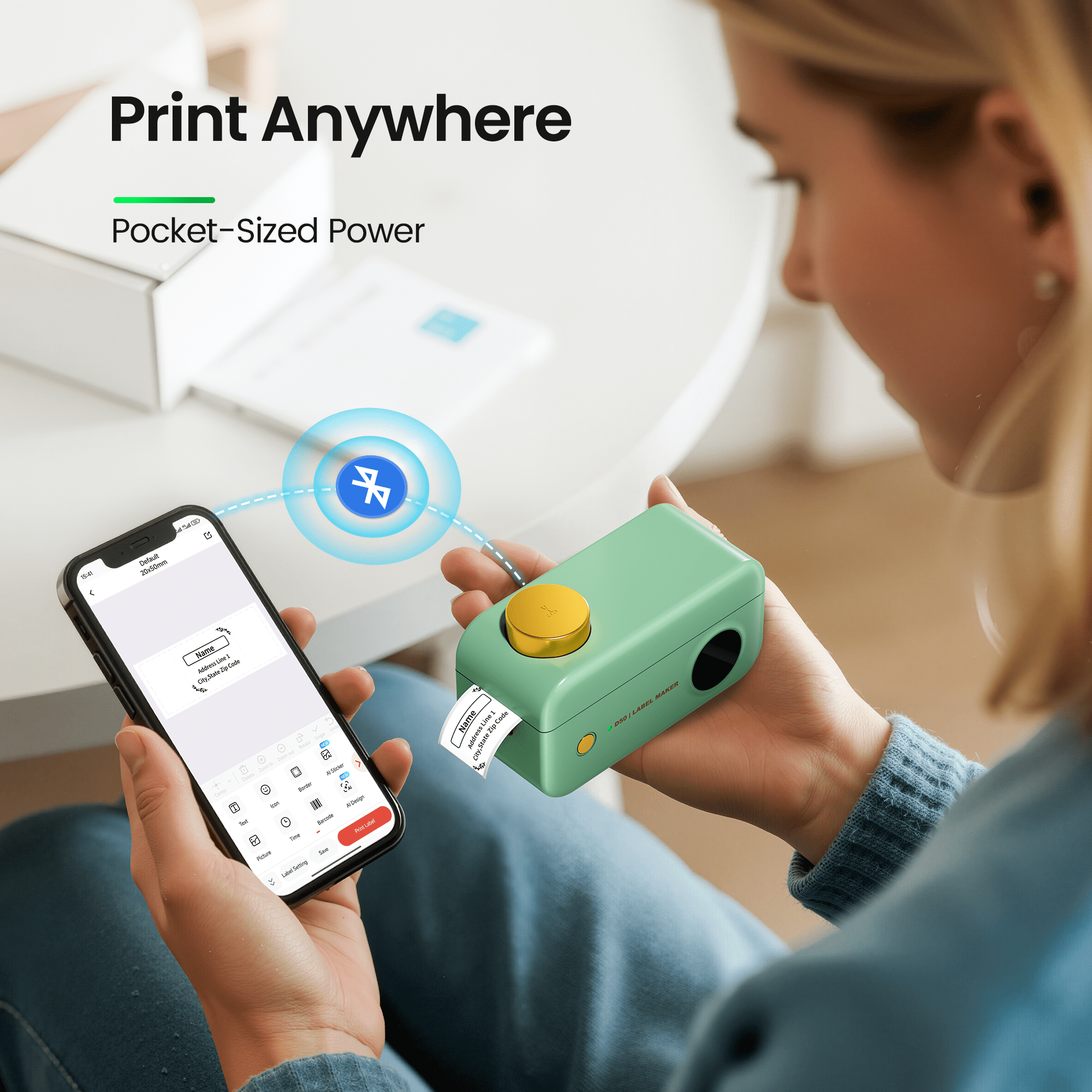 Phomemo D50 Thermal Label Maker for 1", Bluetooth Inkless Label Printer, Mini Pocket Label Maker Machine, Suitable for 15mm, 16mm, 20mm, or 24mm Width Labels, for Home, Office, and Supermarket