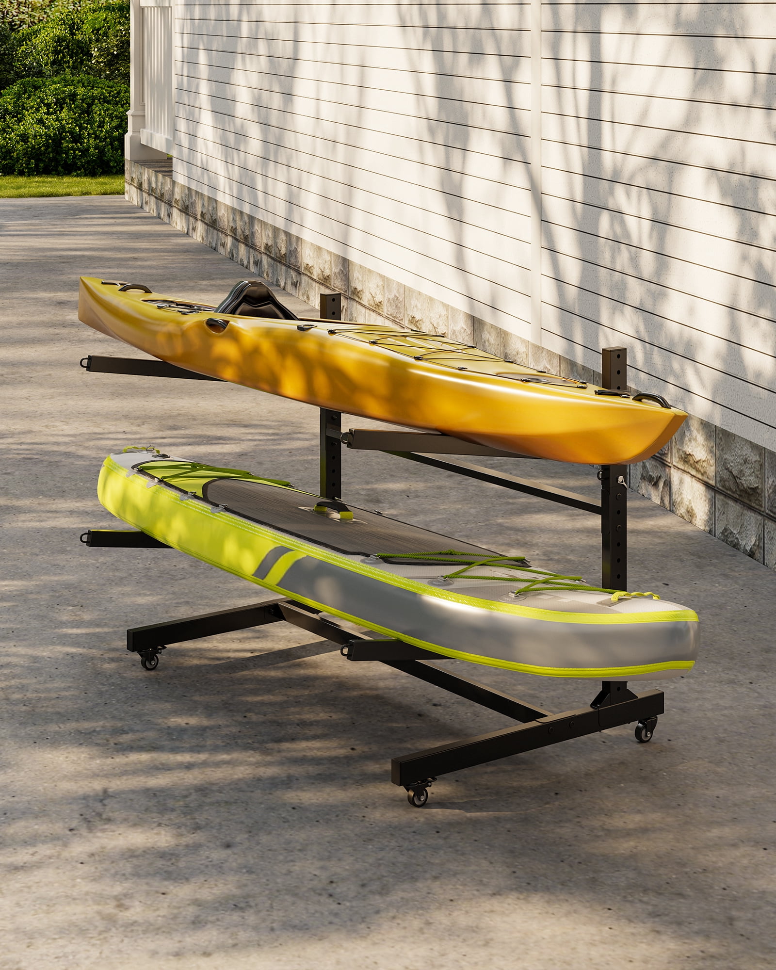 Mescukay Freestanding Kayak Storage Rack for 2 Kayaks, Outdoor Kayak Storage Racks with Wheels, Kayak Stand Heavy Duty Storage for Canoe, SUP and Surfboard