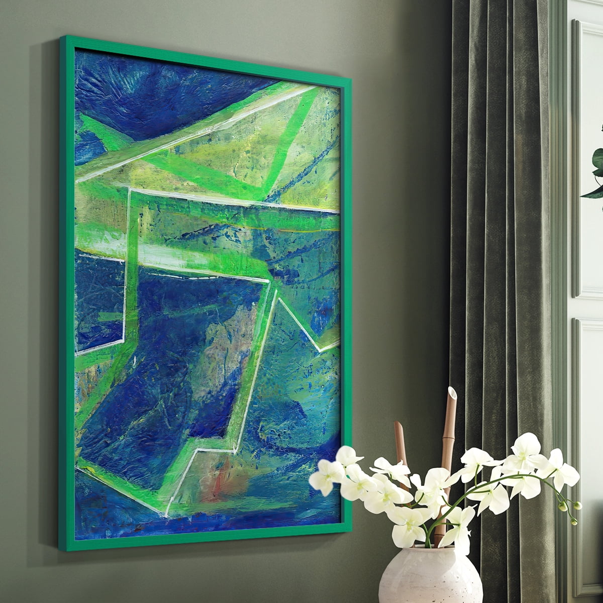 Geometric in Cool I Framed Print in Green Solid Wood Framed Print No Nail Hanging