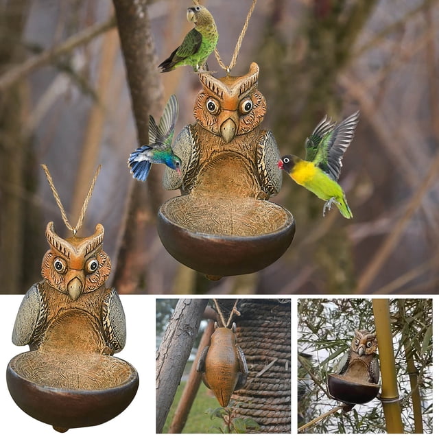 Fiudx Comedero para Pájaros con Forma de Búho, Artesanía de Resina Pintada a Mano, Decoración de Cara de Árbol para Exteriores, Material Duradero y Ecológico, Ideal para Patio y Jardín, Un Gran Regal