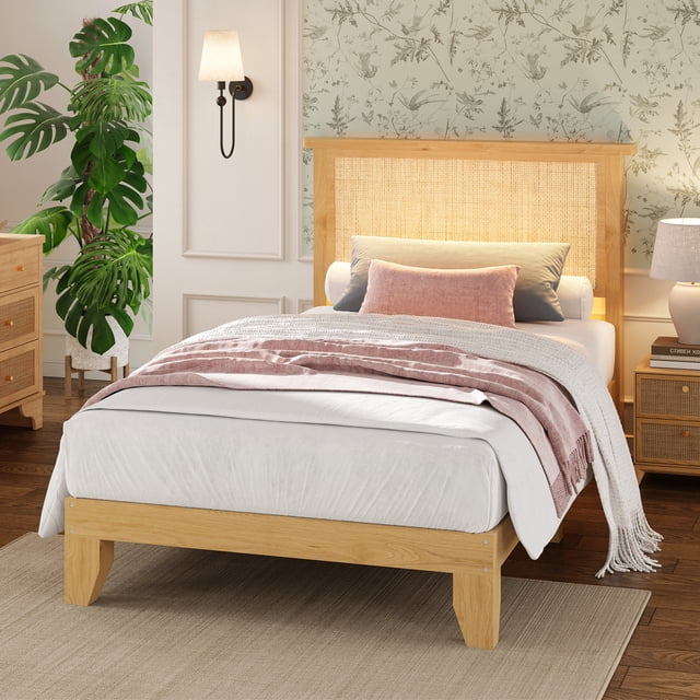 Kojooin Twin Size Rattan Bed Frame with Natural Headboard, LED Lights and Silent Slats, No Box Spring Needed