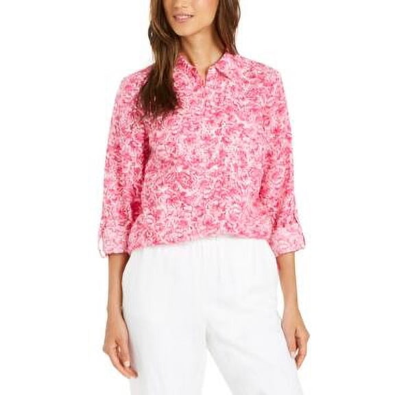 $70 Charter Club Petite Printed Button-Front Roll-Tab-Sleeve Top Petite (PP)