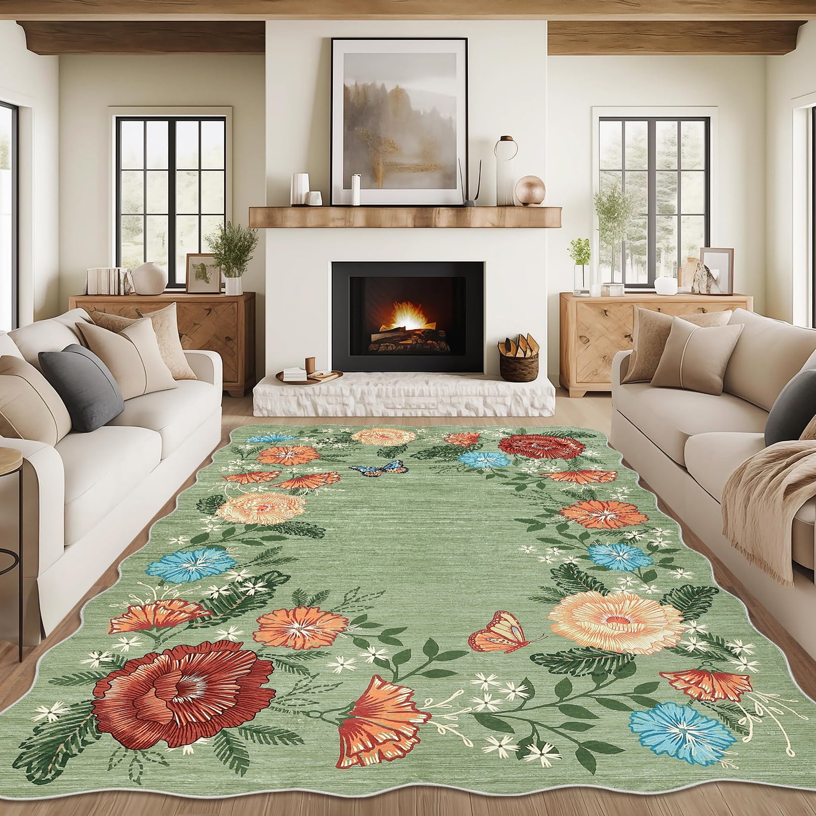 Garvee 5'x7' Floral Area Rugs, Washable Boho Rugs Ultra Soft Print Carpet, Non-Slip Low Pile Rug Stain Resistant Distressed Indoor Rugs for Living Room Bedroom Dining Room, Green