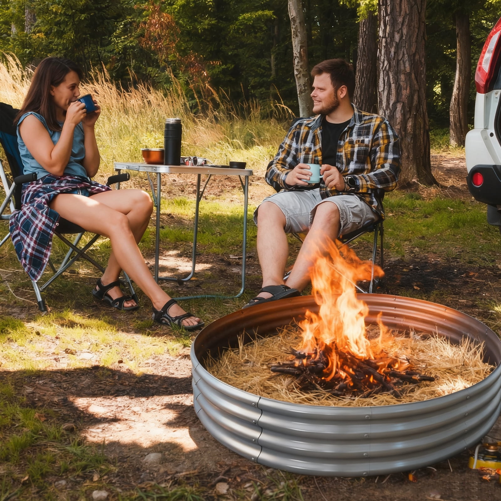 Jacgood 5FT Diameter Camp Fire Ring Pit, Large Round Galvanized Steel Fire Pit, Heavy Duty Steel Fire Pit Silver for Backyard, Camping, Bonfire，59in Diameter