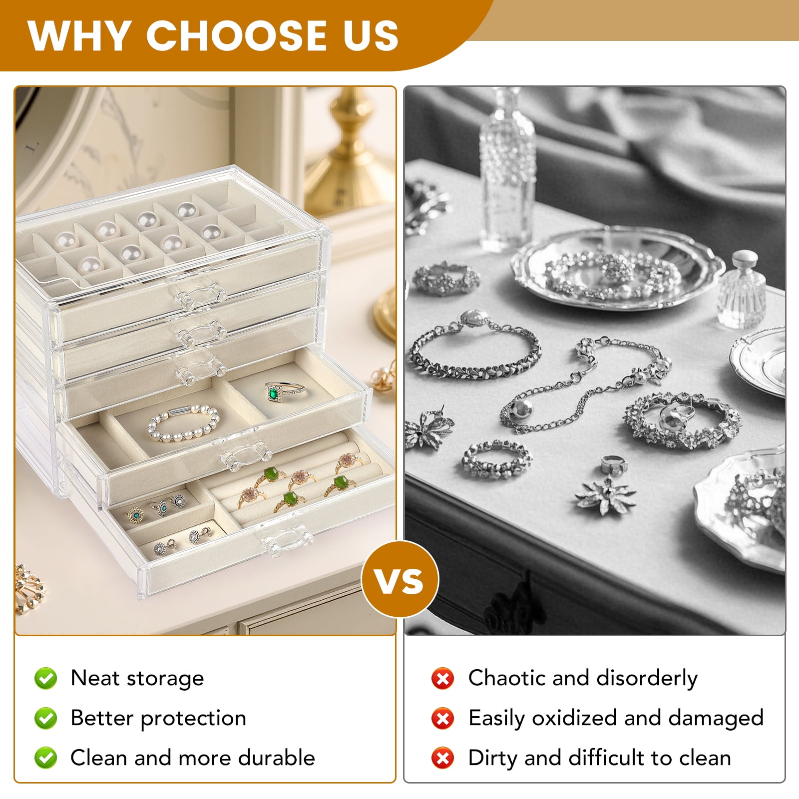 Acrylic Jewelry Box with 5 Drawers, Clear Rings Earring Organizer Display Case Necklaces Holder Tray for Women Girls (Beige)