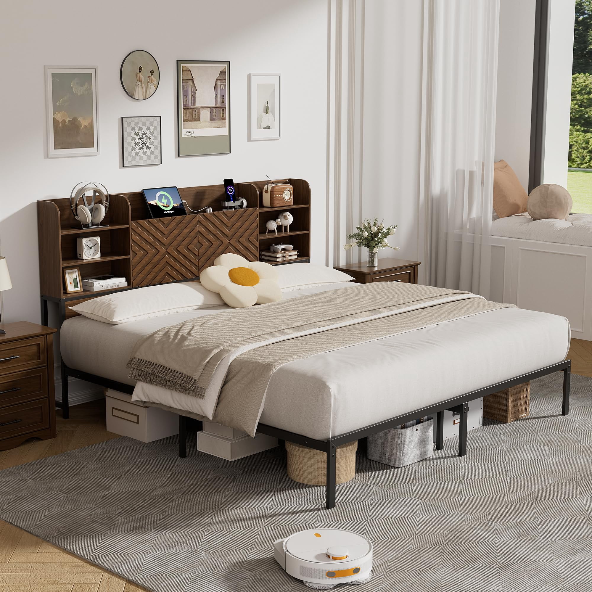 Farmhouse King Size Bed Frame with Move Storage Headboard & 2 Drawers, Platform Bed Frame with 3-in-1 Charging Station, Upholstered Bed Frames with Metal Slats Support