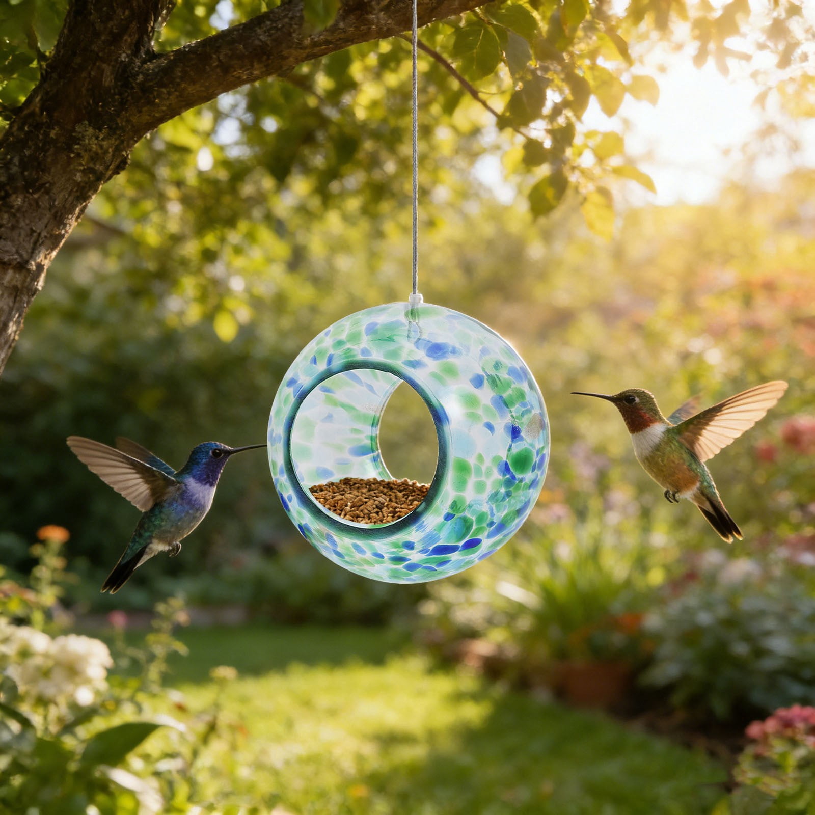 Stained Glass Hummingbird Feeder, Outdoor Hanging Bird Feeder for Garden, Circular Glass Bird Feeder for Hummingbirds, Decorative Wild Bird Feeder for Yard Patio Outside
