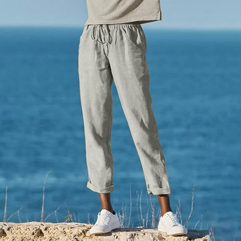Women'S Casual Straight Leg Trousers Pocket Solid Color Cotton Linen  Fashion Drawstring Loose Sweat Pants