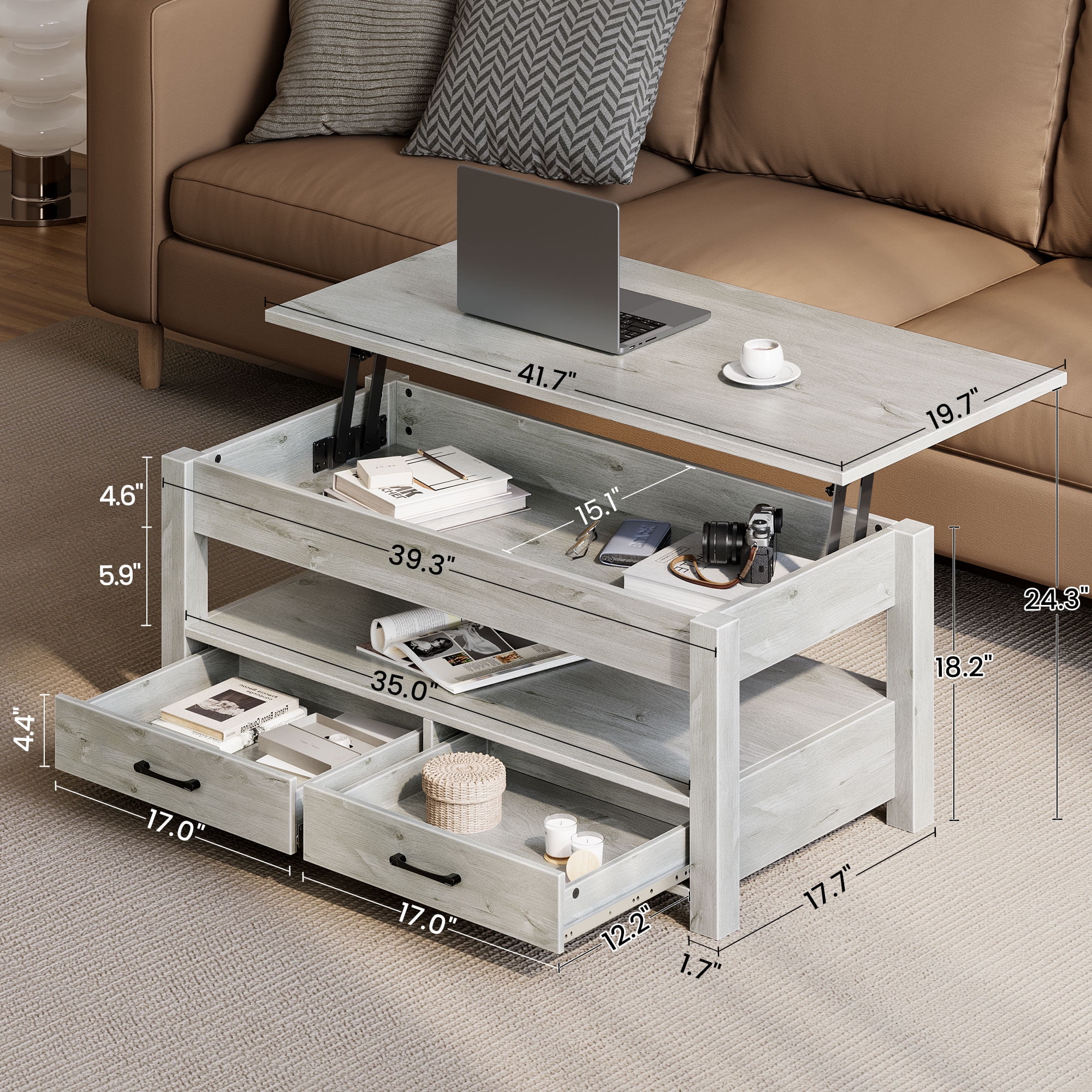 Greenstell Lift Top Coffee Table with 2 Drawers,39"Wide, Gray