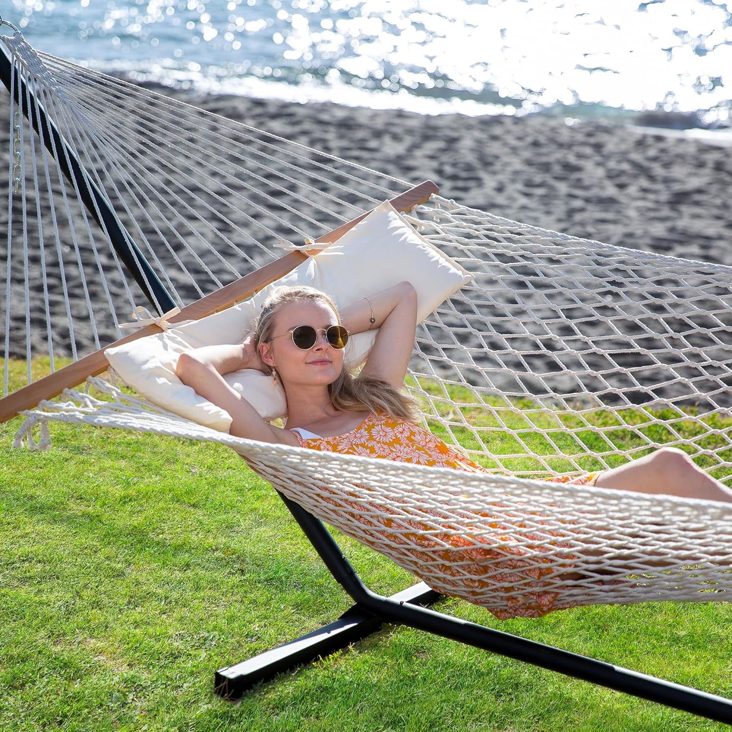 SUNCREAT Double Outdoor Hammock with Stand Included, Portable Cotton Rope 2 Person Hammock , Beige