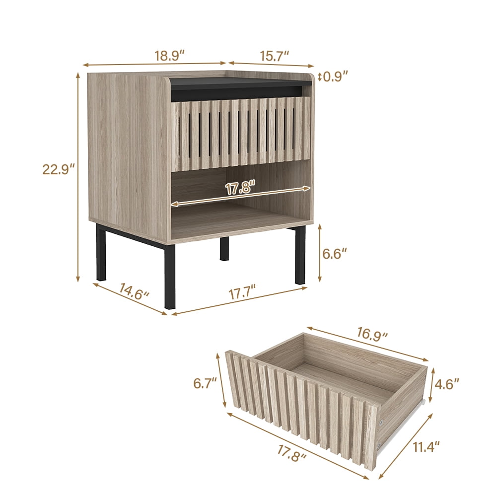 Demi Bonn Nightstand Set of 2, Bedside Table with Decorated Drawers, Wood Accent Side End Table with Storage for Bedroom, Beige