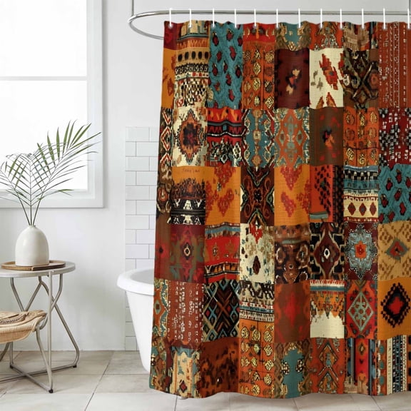 Boho Vintage Small Stall Shower Curtain, Waterproof Shower Curtains for Bathroom, Brown Ethnic Middle Century Geometric Washable Fabric Bath Curtain for Bathtub Decoration with Hooks 36x72 Inches