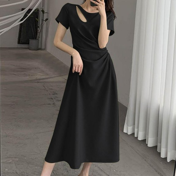 ClodeEU Women's V Neck Short Sleeve Ruched Waist A Line Midi Dress, Solid Color Casual Formal Wear Black,Women's Plus L