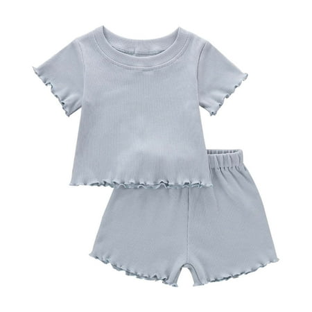 

Utoimkio Toddler Baby Girls Summer Clothes Short Sleeve T-Shirt Tops+Short Pants Ribbed Two Piece Solid Outfit Set
