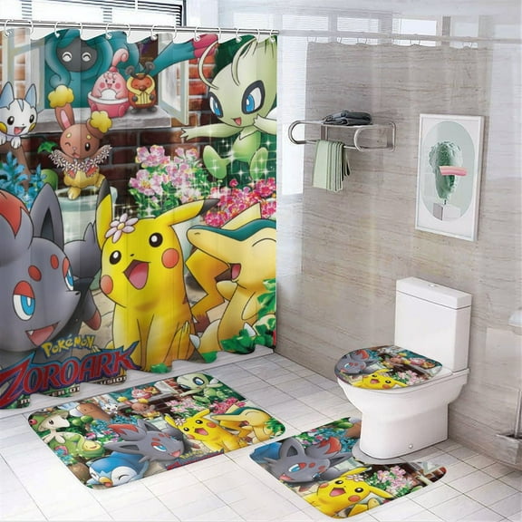 Pokemon Shower curtain set bathroom decoration accessories include rug, toilet seat, bath mat and shower curtain with accessories with 12 hooks One size