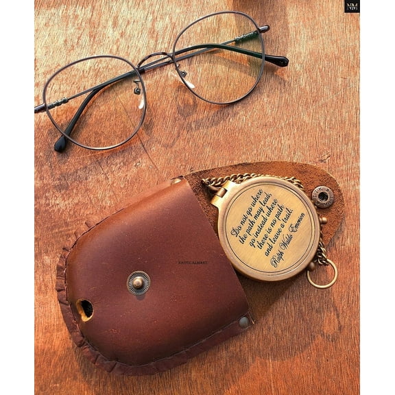 Ralph Waldo Emerson Quote Brass Compass Do not go Poem Compass with Leather Case for Graduation, Baptism, Confirmation - Brass Pocket Compass Gifts