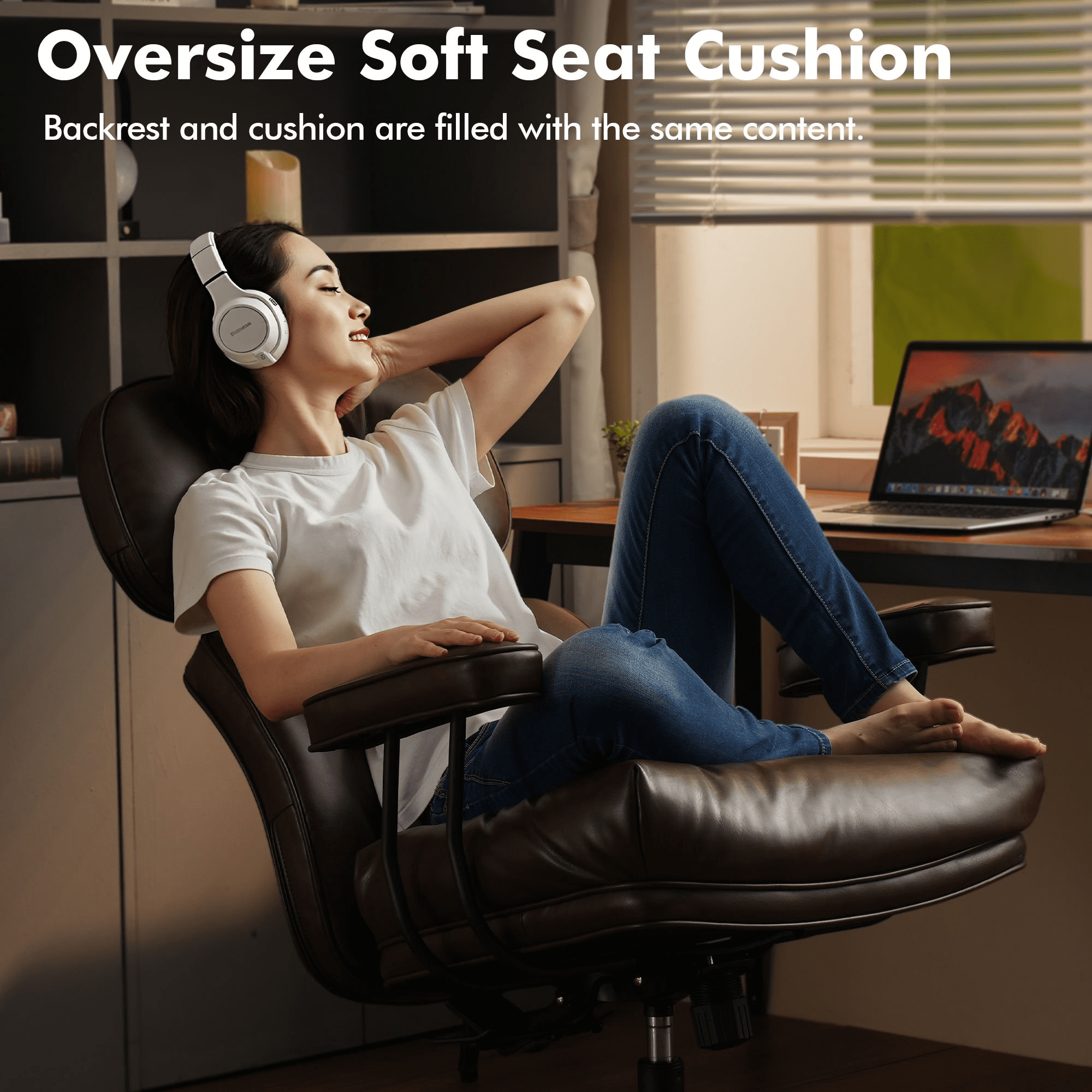 Vcatnet Ergonomic Executive Office Chair, High Back Computer Chair with Lumbar Support, PU Leather Mid-Century Modern Adjustable Home Office Desk Chair, Dark Brown