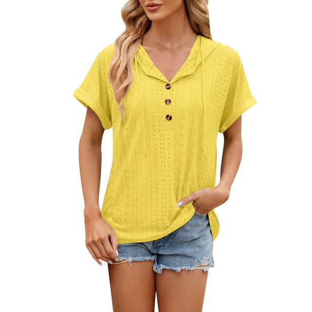 NINGMENG Womens Tops Solid Color Button V Neck Loose Short Sleeve Tops Pullover T Shirts Holiday Wear,Yellow,XL