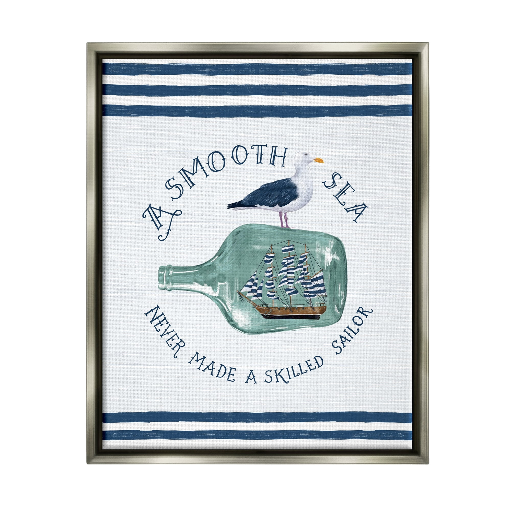 Stupell Industries Ship In Bottle Seagull Striped Nautical Phrase Graphic Art Luster Gray Floating Framed Canvas Print Wall Art, Design by Raquel Maciel