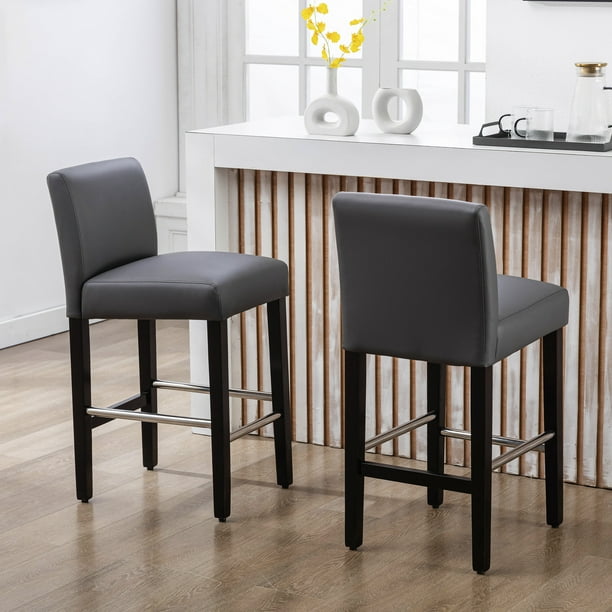 CHITA 26 inch Bar Stools with Back&Wood Legs, Counter Stools Set of 2, Faux Leather in Gray