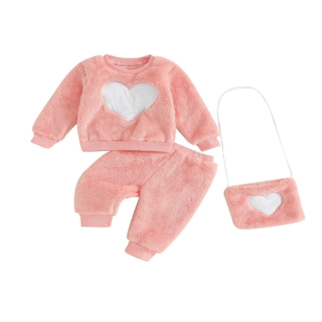 Heart Pattern Fleece Sweatshirts Pants Bag for Toddler Girls in Fall