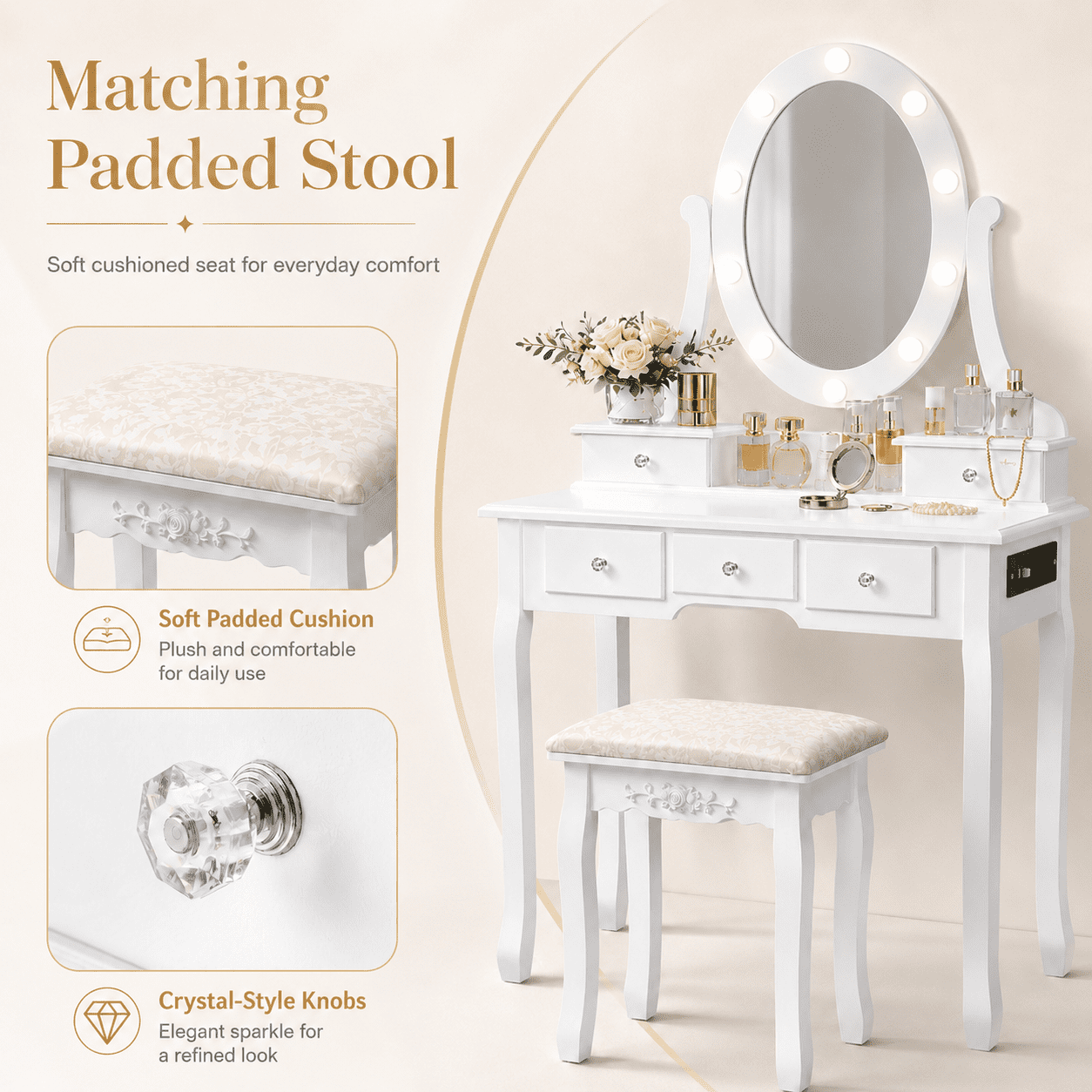Ktaxon Makeup Vanity Table with 3 Color Lights, 5 Drawers Makeup Dressing Desk with USB Charging Station, Bedroom Vanities Set, White