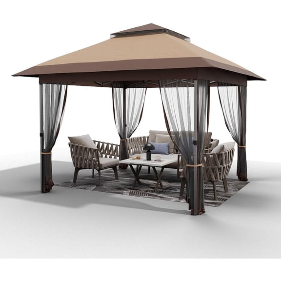 12 X 12ft Pop-up Gazebo, Double Roof Outdoor Canopy Tent with Mosquito Netting, Camping Canopy Gazebo for Lawn, Patio and Garden，Brown