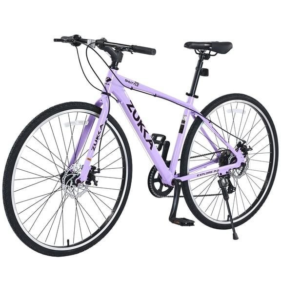 700C Hybrid Road Bike Shimano 7-Speed Adult Bike Steel Frame City Bicycle for Men Women, Purple