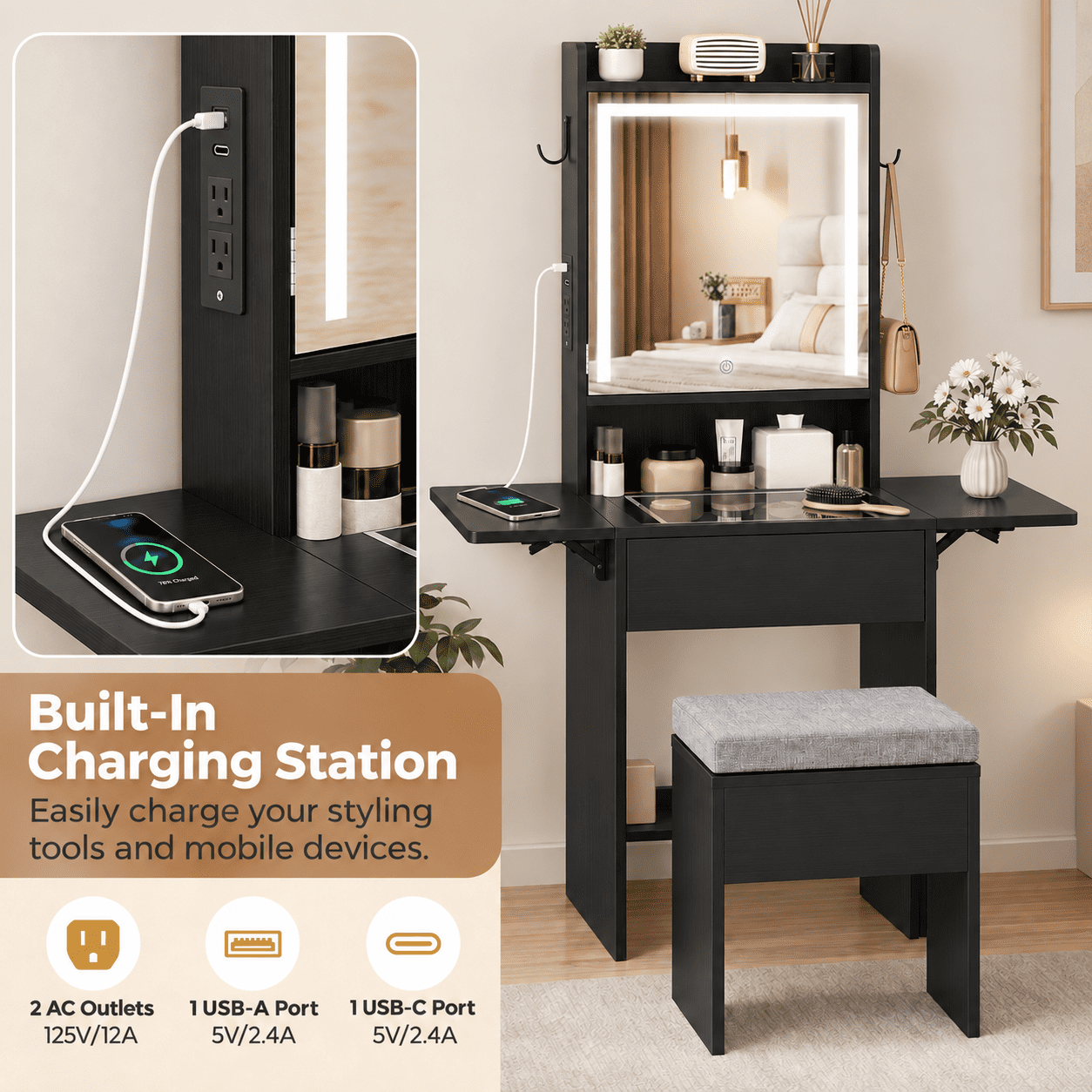 Furnibear Space-Saving Vanity Desk with Mirror and Lights, Foldable Makeup Vanity Table and Storage Stool with Charging Station for Bedroom, Black