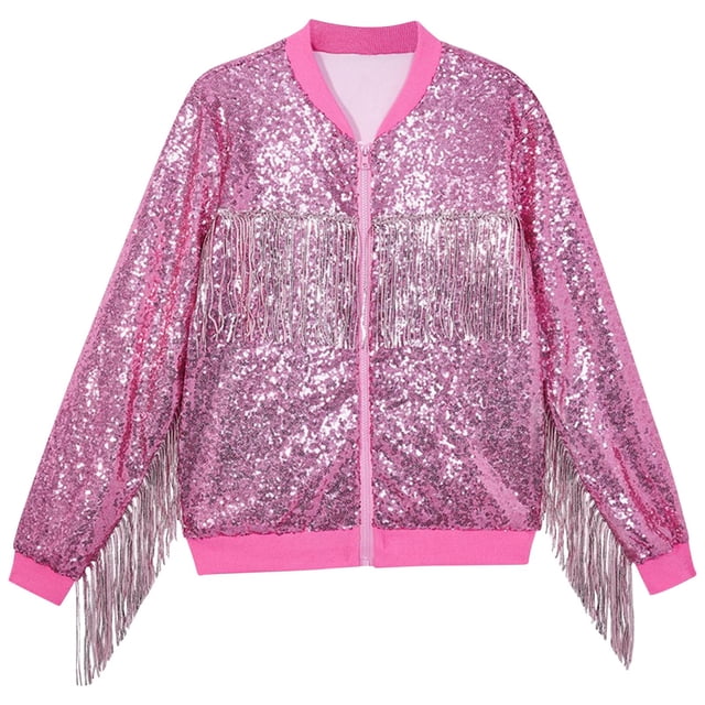 Dealovy Girls Sequin Jackets Spring Summer Long Sleeve Shirts Full Zipper Sparkly Solid Color Tassel Tops