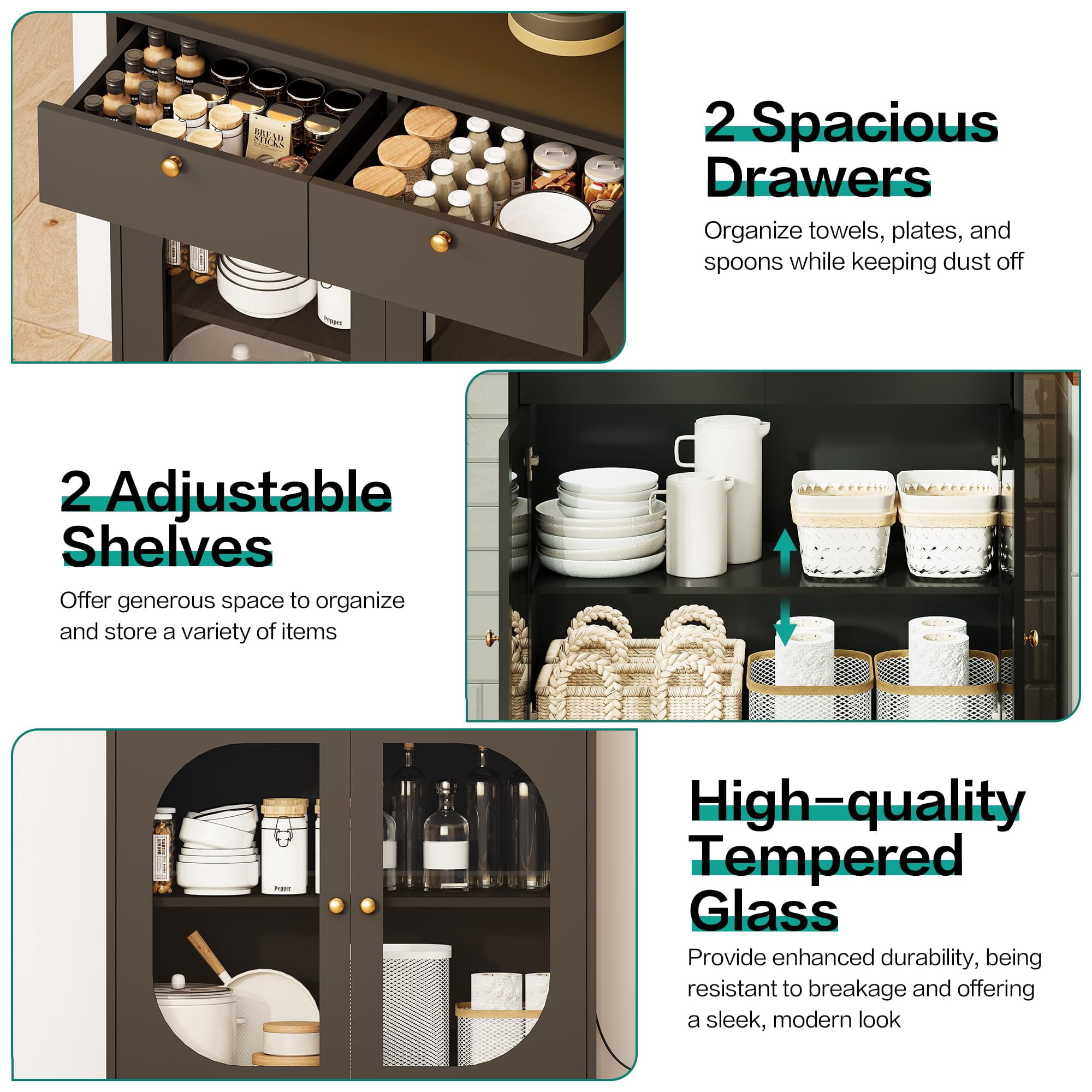 71" Kitchen Pantry Storage Cabinet with Lights and Charging Station, Tall Hutch Cabinet with Storage and Microwave Shelf for Dining Room, Black