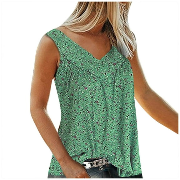 USSUMA Women's Sleeveless Blouse Top Plus Size Casual V Neck Floral Printed Flowy Summer Tunic Tank T Shirt Tshirt