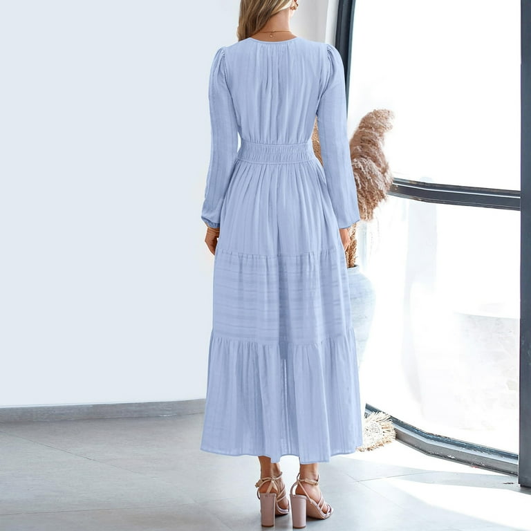 Felirenzacia Womens Long Sleeve Maxi Dress, V Neck Tiered A Line Dress with Puff Sleeves, Light Blue Elegant Flowy Ankle Length Work Casual Dress, Felirenzacia Womens Long Sleeve Maxi Dress, V Neck Tiered A Line Dress with Puff Sleeves, Light Blue Elegant Flowy Ankle Length Work Casual Dress,