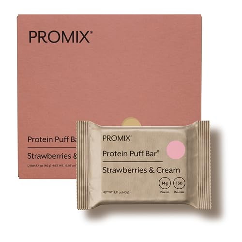 Promix Whey Protein Isolate Puff Bar, 12 unidades | Merienda saludable baja en carbohidratos con claras de huevo | Todo natural, alimentado con pasto, sin gluten, bajo en azúcar, sin soja (fresas y cr