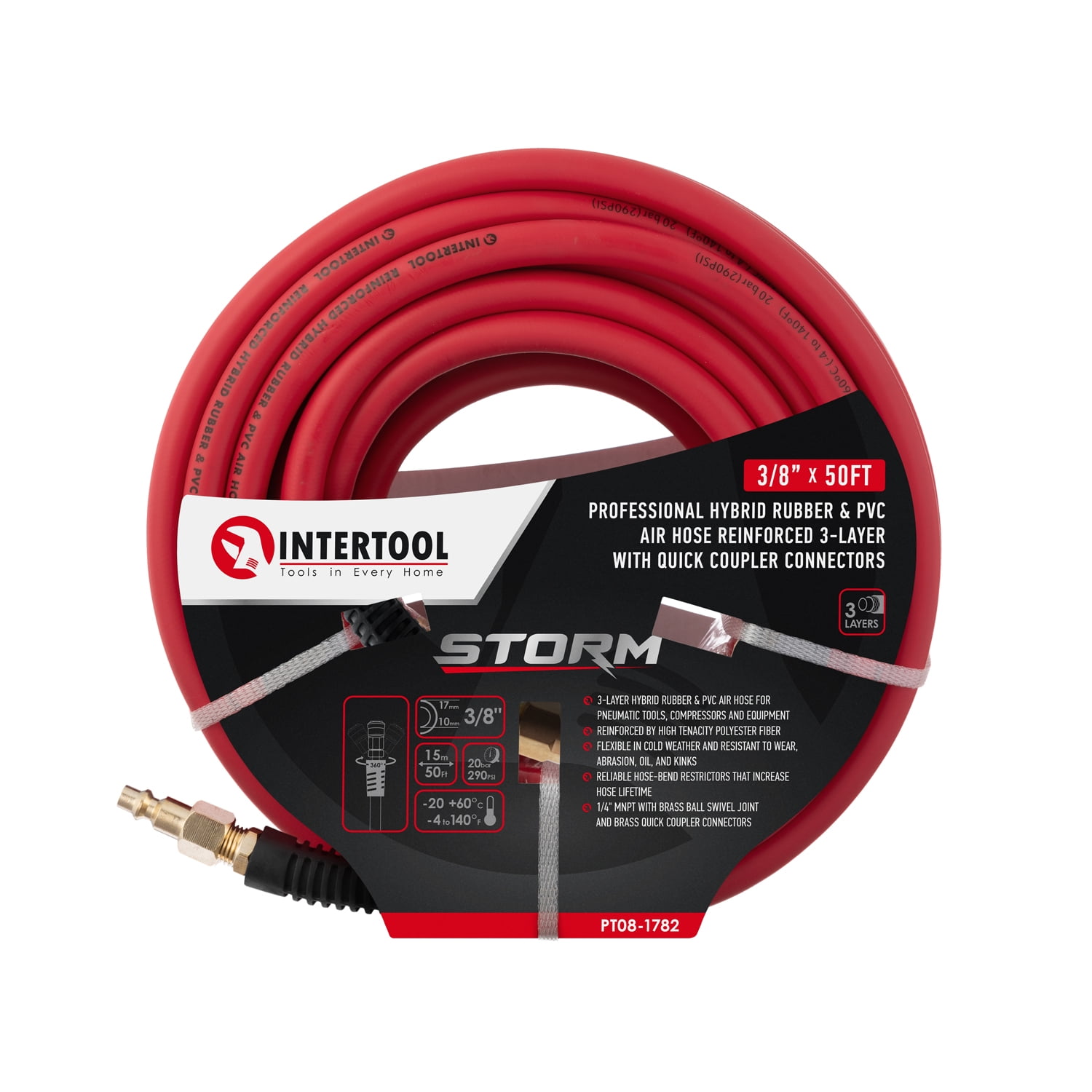 INTERTOOL Hybrid Air Hose 3/8-Inch x 50 Feet, Heavy Duty Reinforced Lining, Lightweight Flexibility, All-Weather Kink Resistance, 1/4-Inch MNPT, Brass Fittings, Plug, Quick Coupler PT08-1782