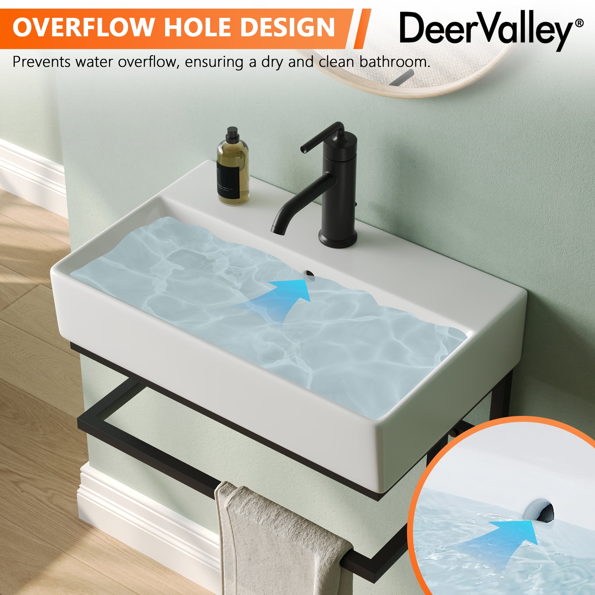 Deervalley 22"X14" White Wall Mounted Bathroom Sink With Black Towel Bar, Rectangular Bathroom Sink With Overflow DV-1WS0322B