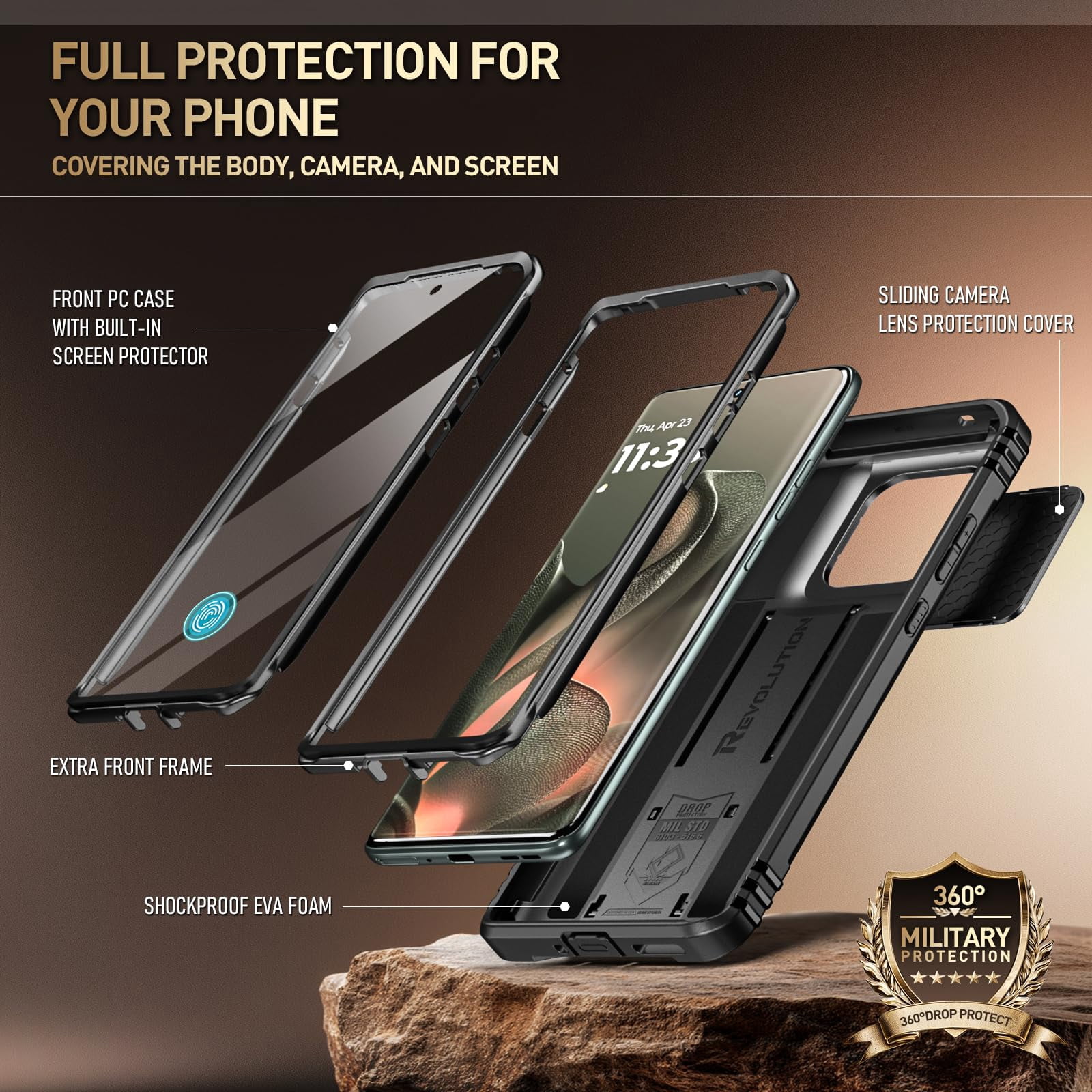 Poetic Revolution Case for Moto Edge 2025 [Not for 2024 Version], [Slide Camera Cover], Full-Body Military Grade Case with Kickstand and Built-in-Screen Protector, Black