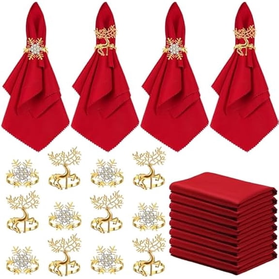 Fu997 24 Pcs Christmas Napkins and Ring Set 12 Pcs Red Washable Christmas Napkins Cloth and 12 Pcs Xmas Napkin Rings Holder for Holiday Dinner Party(Metal,Elk, Snowflakes)