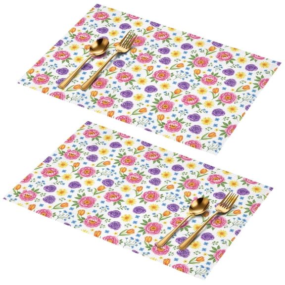 Placemat, Pioneer Flower Floral Print Pattern Place Mats Table Mat Set Of 2, PVC Washable Placemats for Party Kitchen Dining Decoration, 18x12 Inch, Fade Resistant