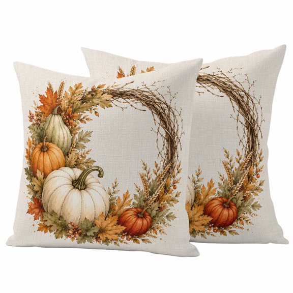 Thanksgiving Outdoor Waterproof Pillow Covers, Fall Farmhouse Pumpkin Maple Leaves Wreath Decorative Square Throw Pillowcase Sofa Cushion Sham for Patio/Couch/Chair, 20"x20" 2 Pack